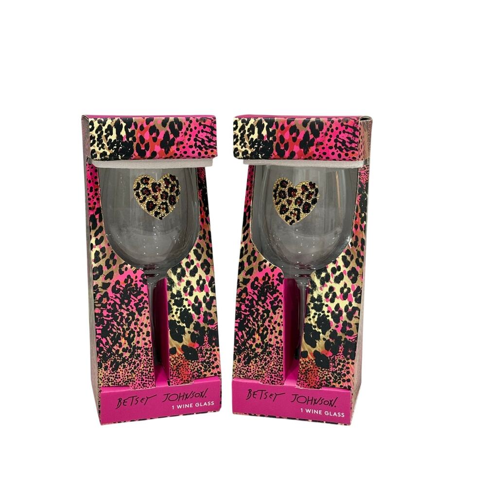 NWT Betsey Johnson Leopard Print Wine Glass Set of 2 - Pink & Black Animal Print - Picture 7 of 12